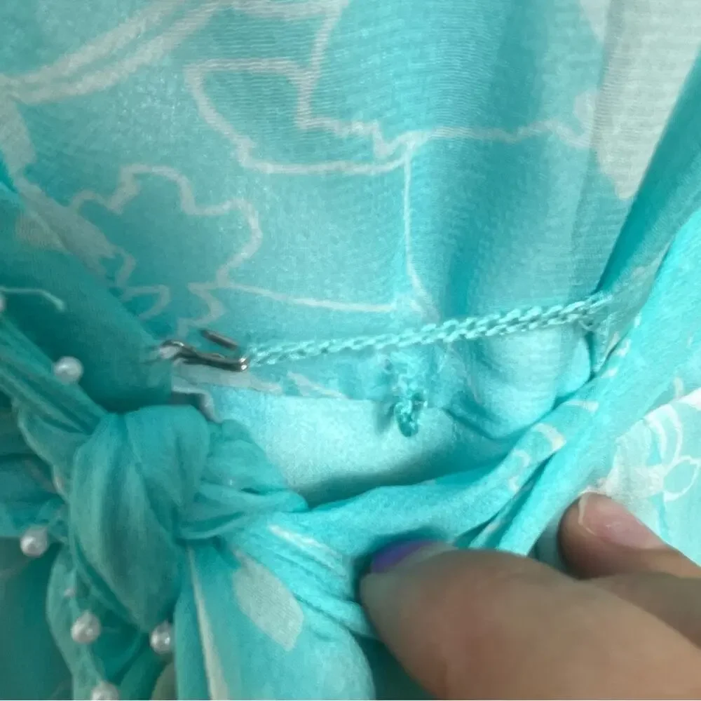 ICE Blue Silk Floral Wrap Dress Pearls Romantic Vintage Y2K Tie Women's Small